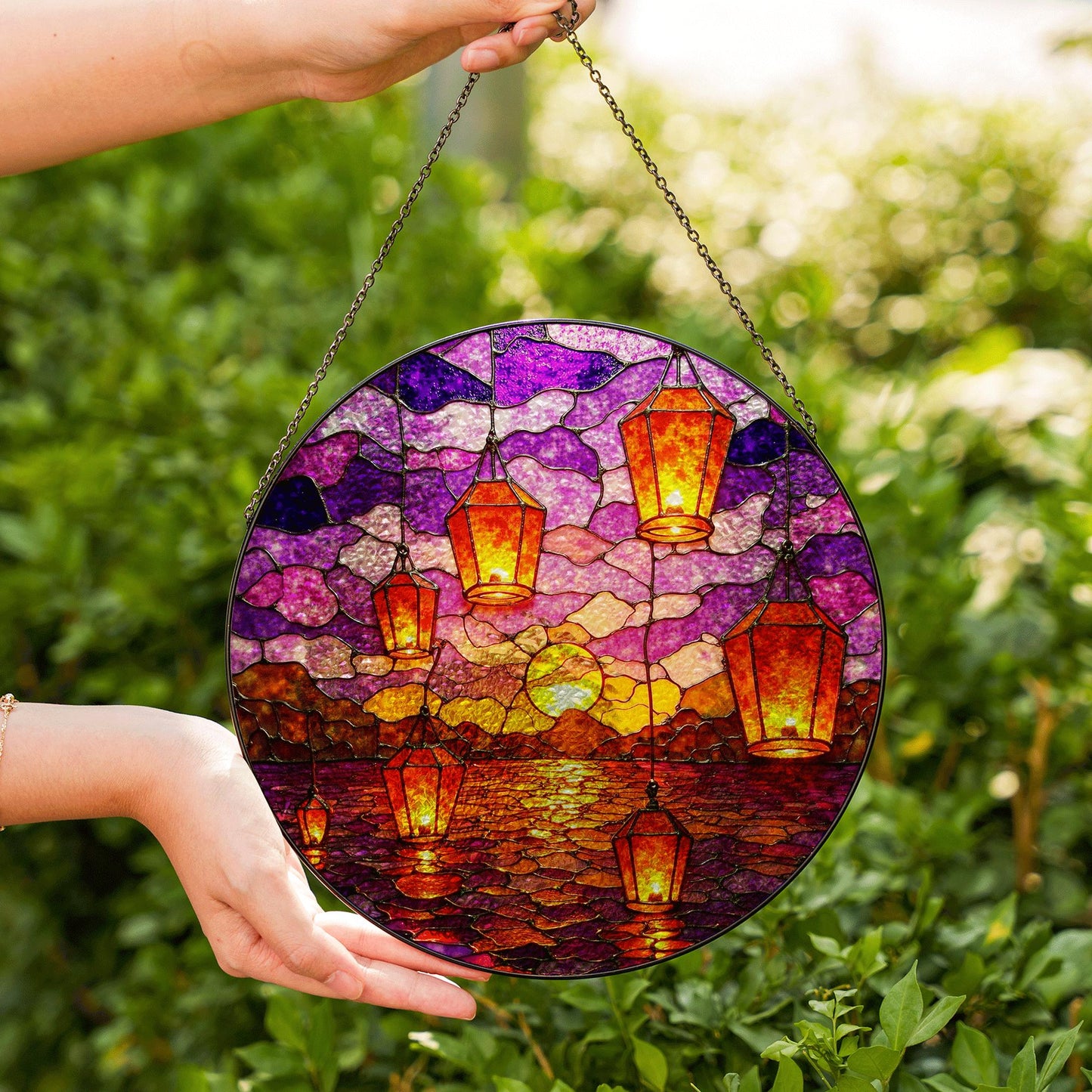 Sunset Lanterns Over Ocean Purple Sky Suncatcher Stained Glass Gift for Mom