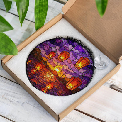 Sunset Lanterns Over Ocean Purple Sky Suncatcher Stained Glass Gift for Mom