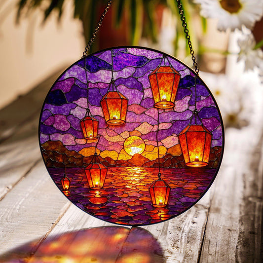 Sunset Lanterns Over Ocean Purple Sky Suncatcher Stained Glass Gift for Mom