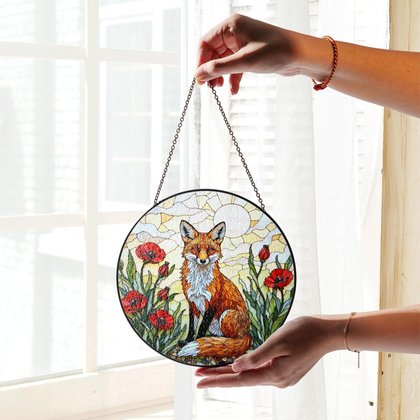 Red Fox in Poppy Field Suncatcher Stained Glass Style Window Art Gift for Animal Lover