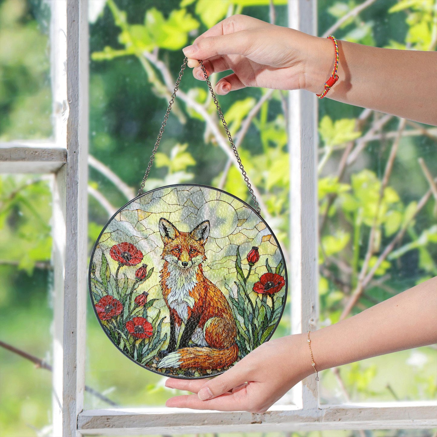 Red Fox in Poppy Field Suncatcher Stained Glass Style Window Art Gift for Animal Lover