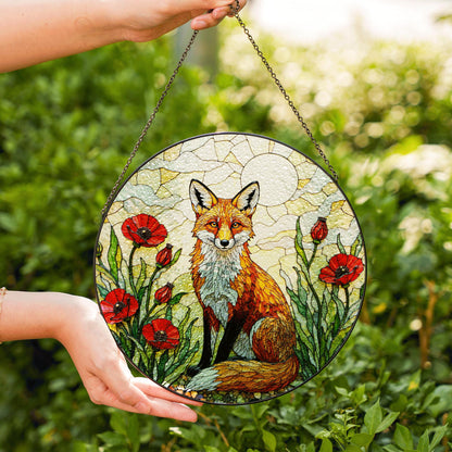 Red Fox in Poppy Field Suncatcher Stained Glass Style Window Art Gift for Animal Lover