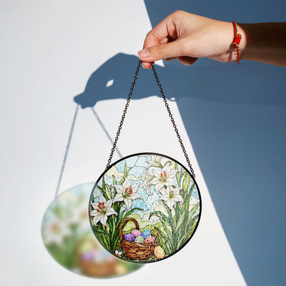 White Lilies and Easter Eggs Basket Stained Glass Suncatcher Window Hanging Gift for Grandma