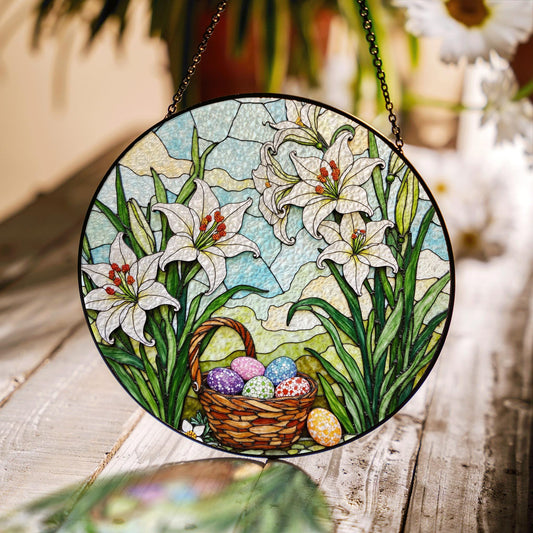 White Lilies and Easter Eggs Basket Stained Glass Suncatcher Window Hanging Gift for Grandma