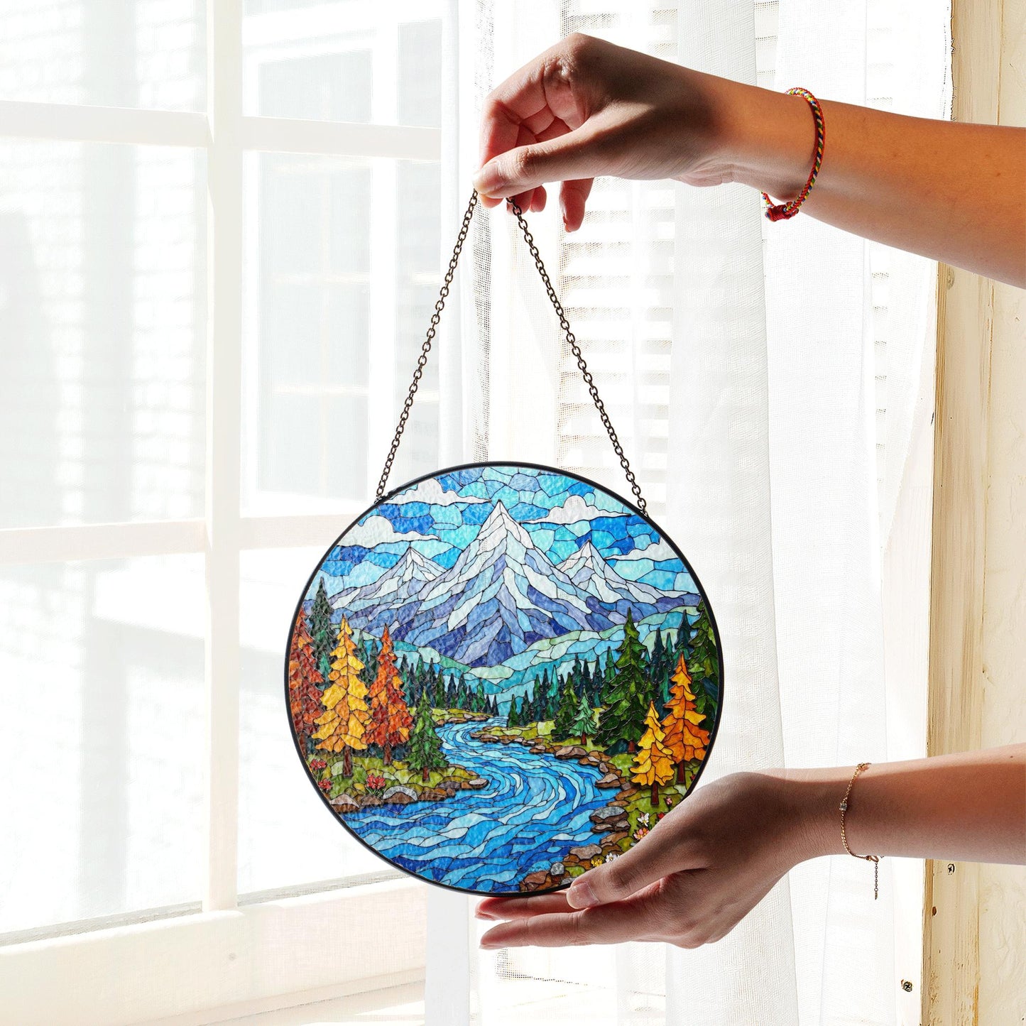 Mountain River Landscape Glass Suncatcher Nature Window Decor Gift for Hiker or Camper
