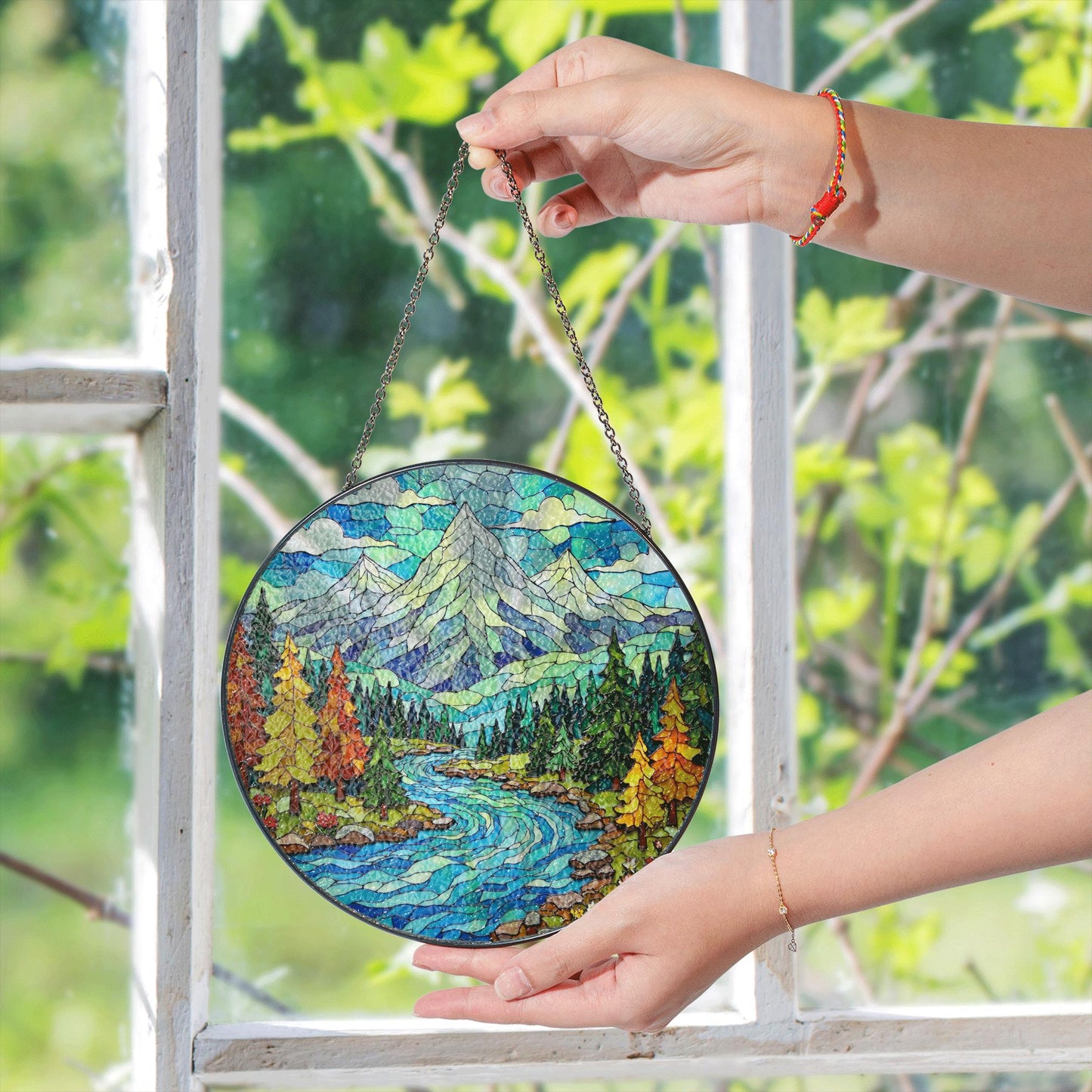 Mountain River Landscape Glass Suncatcher Nature Window Decor Gift for Hiker or Camper