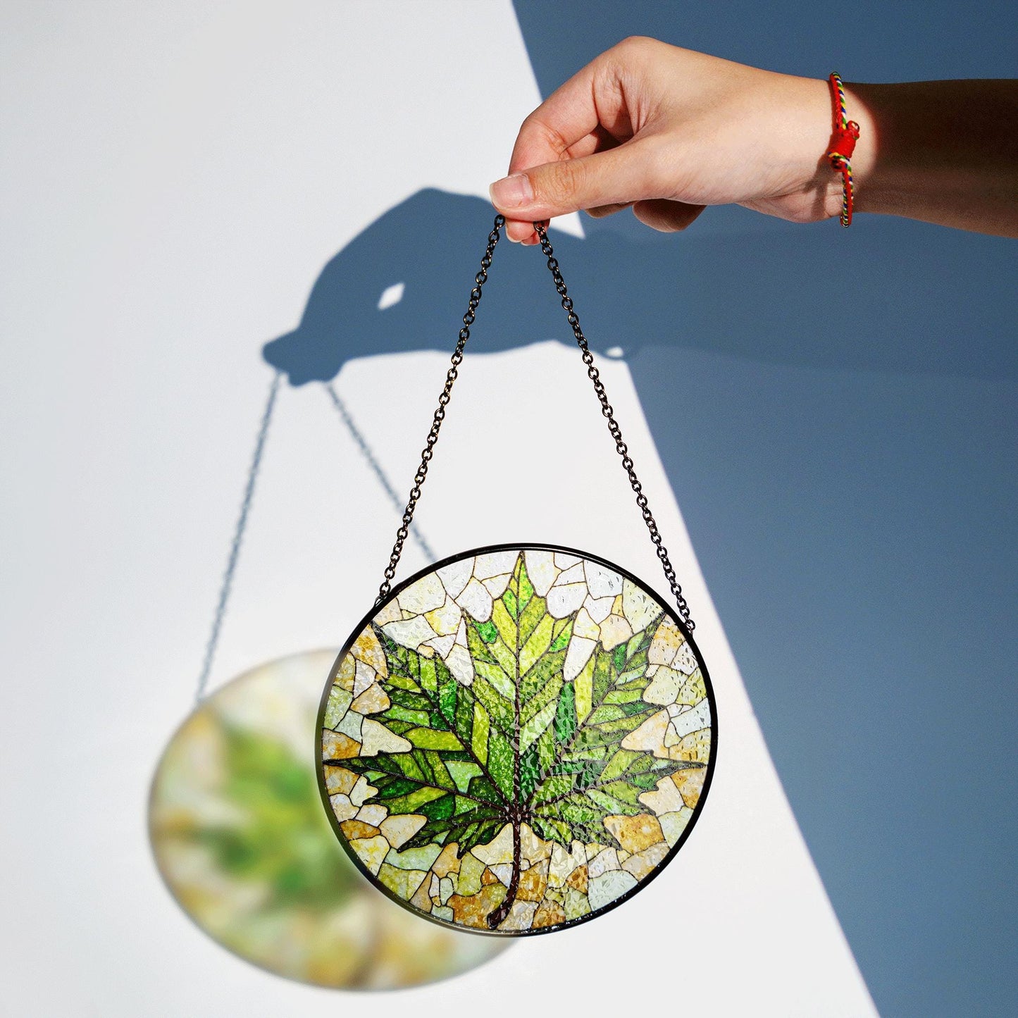 Maple Leaf Green Glass Panel Nature Inspired Suncatcher Gift for Garden Window Lovers