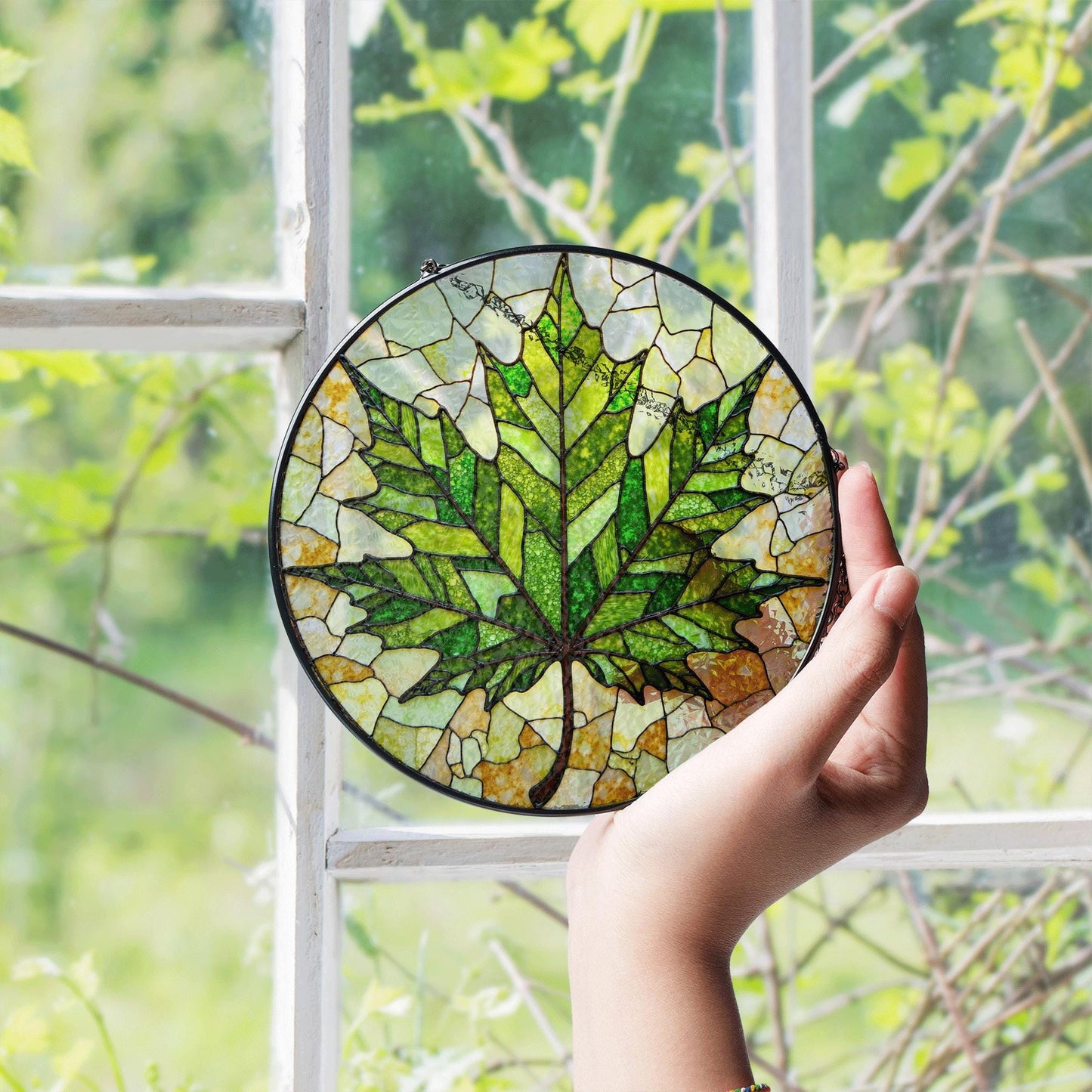 Maple Leaf Green Glass Panel Nature Inspired Suncatcher Gift for Garden Window Lovers