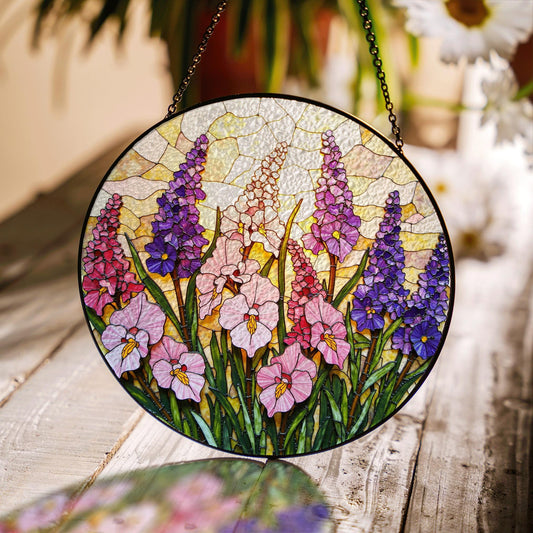 Pink Purple Wildflowers Stained Glass Suncatcher Floral Window Hanging Gift for Garden Lovers