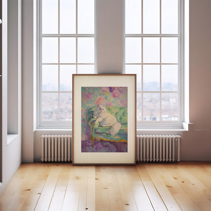 Persian Cat Art Print: Quirky Floral Wallpaper, Retro Decor