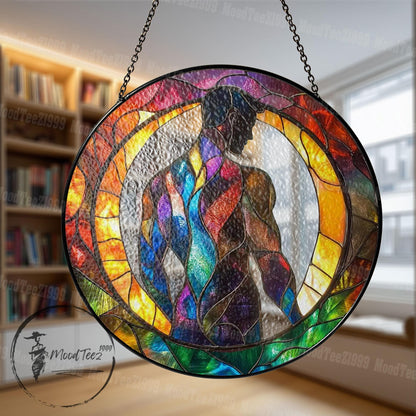 Abstract Male Figure Stained Glass Window Hanging, Modern Rainbow Body Art Suncatcher, LGBTQ Pride Decor, Colorful Masculine Gift