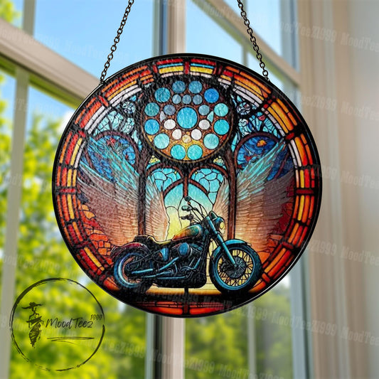 Motorcycle Stained Glass Window Hanging, Biker Angel Wings Suncatcher, Memorial Ride Decor, Unique Gift for Riders and Road Lovers