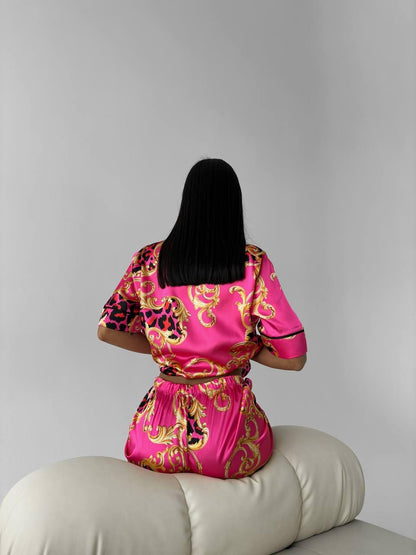 Hot Pink Baroque Leopard Satin Pajama Set | Bold Women's Sleepwear | Short Sleeve Button Down Top & Pants | Luxury Lounge Set Gift for Her