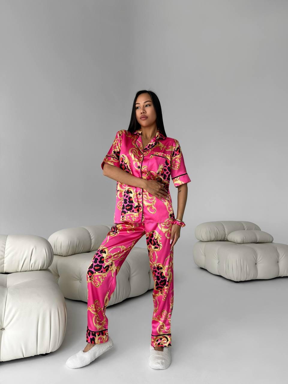 Hot Pink Baroque Leopard Satin Pajama Set | Bold Women's Sleepwear | Short Sleeve Button Down Top & Pants | Luxury Lounge Set Gift for Her