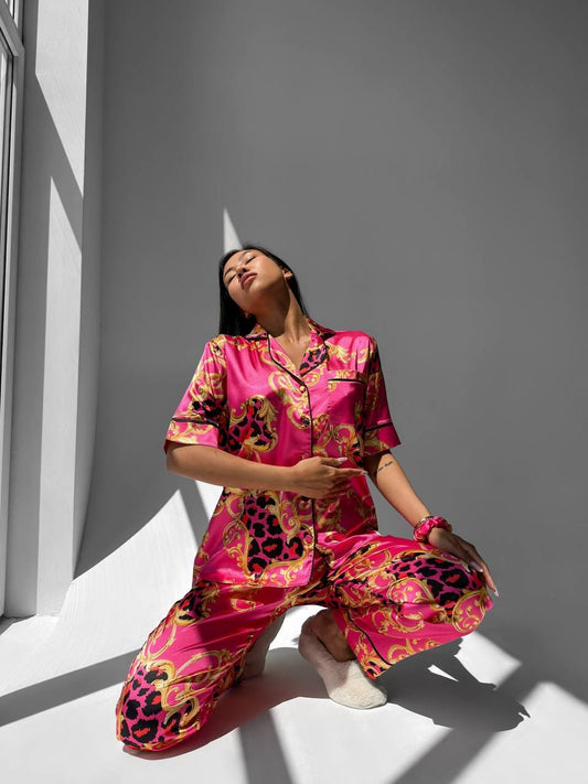 Hot Pink Baroque Leopard Satin Pajama Set | Bold Women's Sleepwear | Short Sleeve Button Down Top & Pants | Luxury Lounge Set Gift for Her