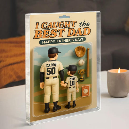 Personalized Father's Day Gift For Dad, Custom Baseball Dad Action Figure Acrylic Block, I Caught The Best Dad Block Gift, Dad And Son Gift