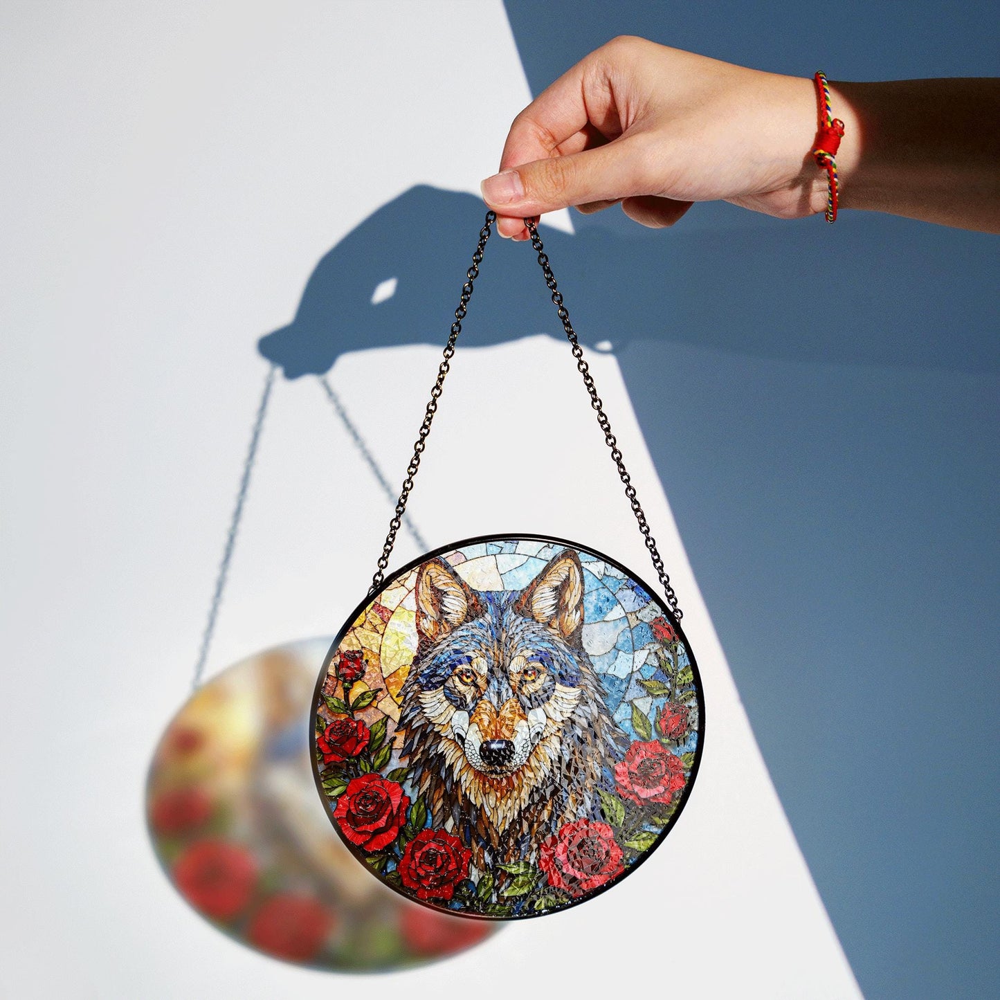 Wolf Stained Glass Suncatcher with Red Roses Animal Window Hanging Gift for Nature Lover