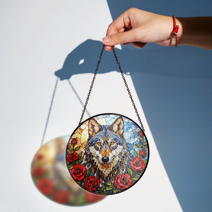 Wolf Stained Glass Suncatcher with Red Roses Animal Window Hanging Gift for Nature Lover
