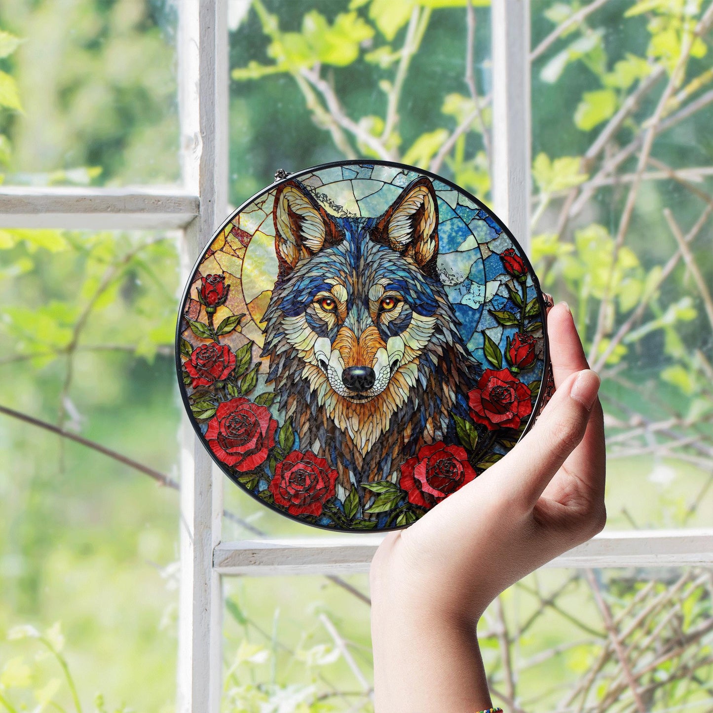 Wolf Stained Glass Suncatcher with Red Roses Animal Window Hanging Gift for Nature Lover
