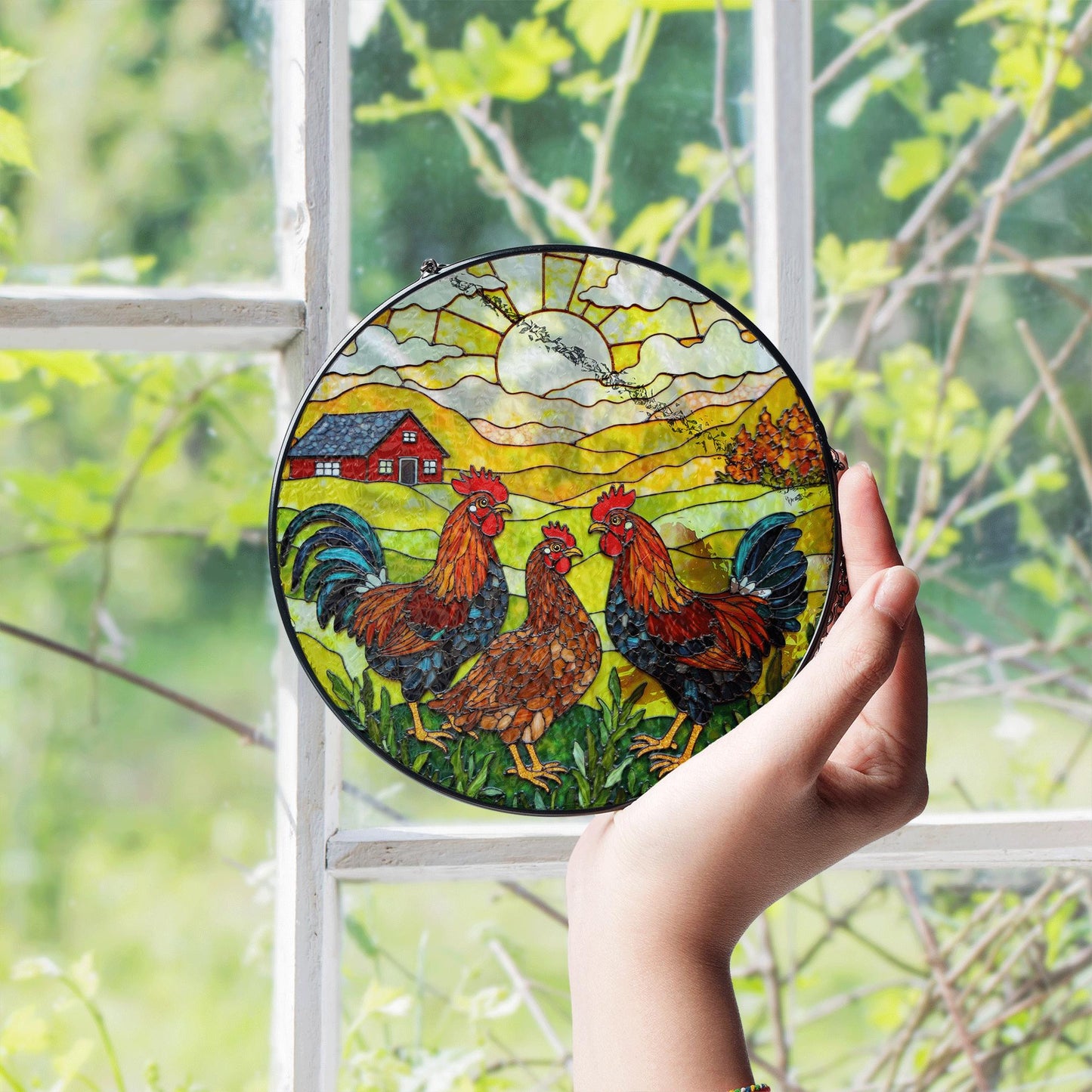 Roosters Hens Farmhouse Scene Round Stained Glass Suncatcher Gift for Chicken Lovers