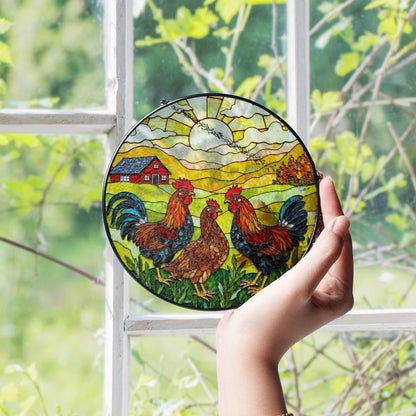 Roosters Hens Farmhouse Scene Round Stained Glass Suncatcher Gift for Chicken Lovers