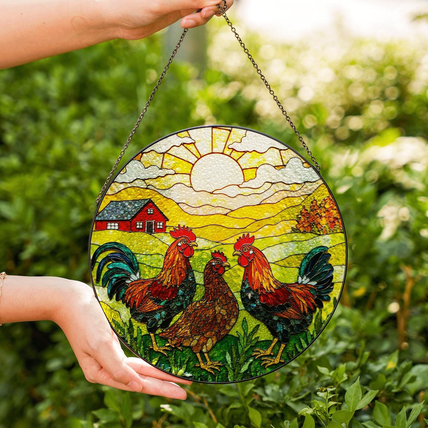 Roosters Hens Farmhouse Scene Round Stained Glass Suncatcher Gift for Chicken Lovers