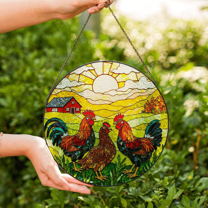 Roosters Hens Farmhouse Scene Round Stained Glass Suncatcher Gift for Chicken Lovers