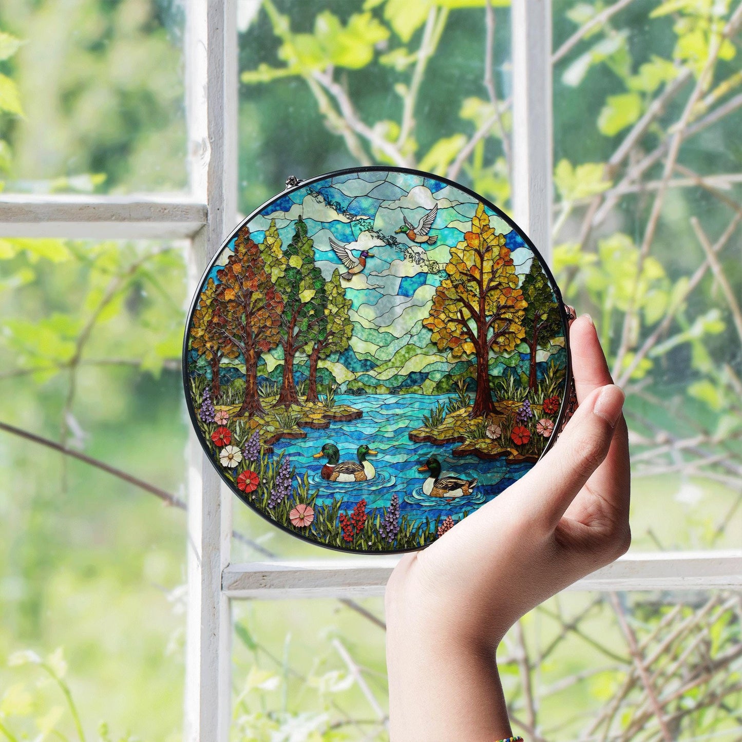 Forest River Ducks Stained Glass Style Round Suncatcher Gift for Mom