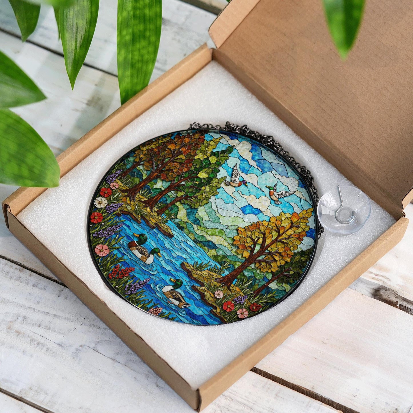 Forest River Ducks Stained Glass Style Round Suncatcher Gift for Mom