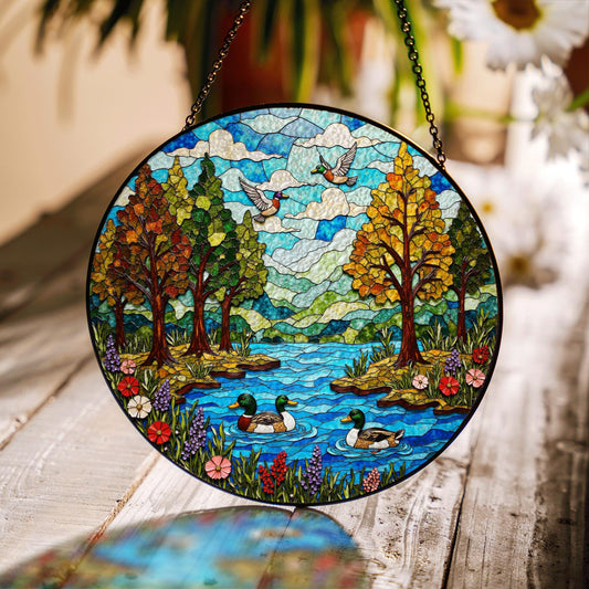 Forest River Ducks Stained Glass Style Round Suncatcher Gift for Mom