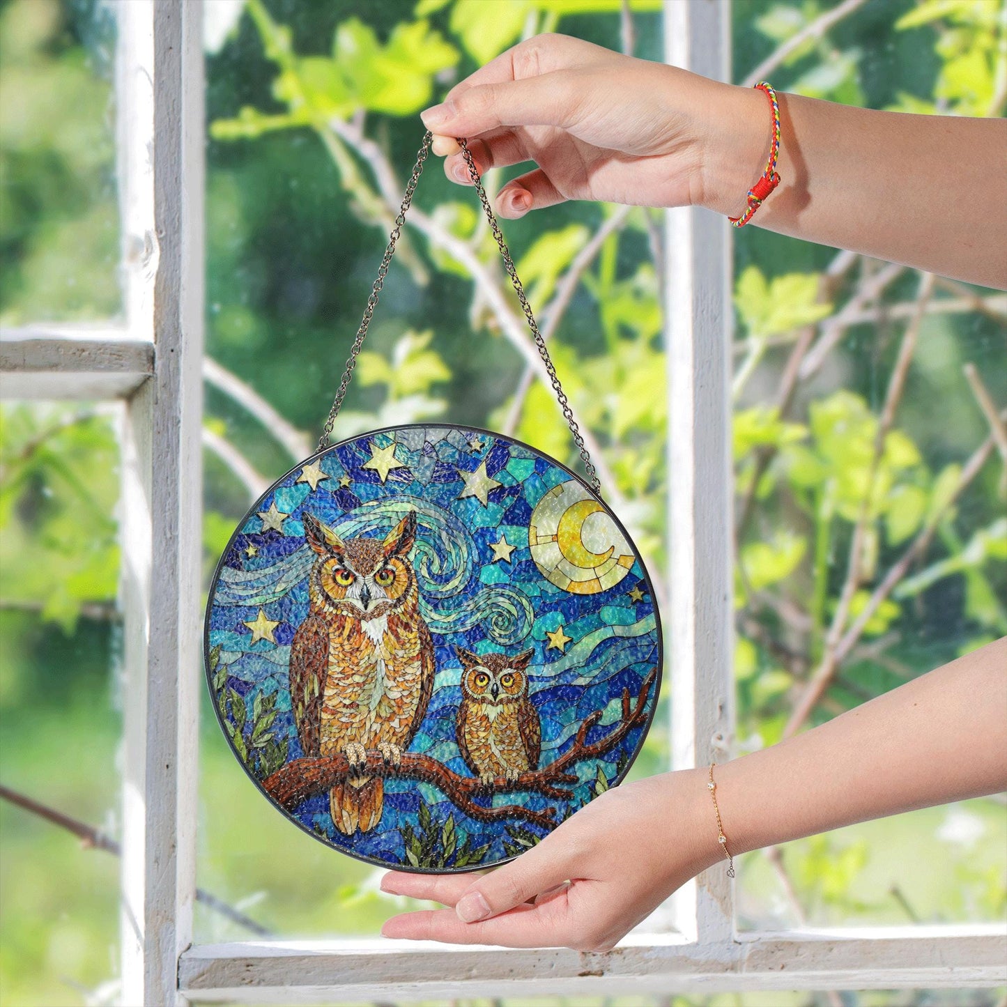 Starry Night Owl Moon Tree Suncatcher Window Hanging Gift for Mom
