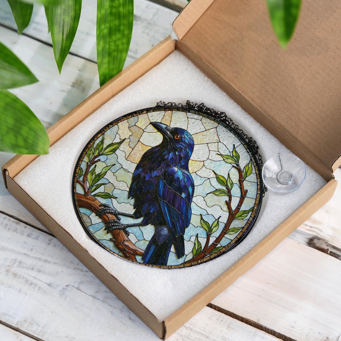 Stained Glass Raven Art Suncatcher Gothic Window Decor Gift For Bird Lovers