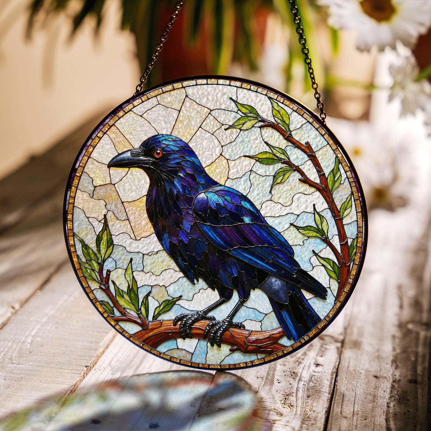 Stained Glass Raven Art Suncatcher Gothic Window Decor Gift For Bird Lovers