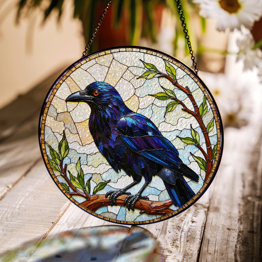 Stained Glass Raven Art Suncatcher Gothic Window Decor Gift For Bird Lovers