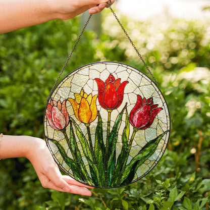 Stained Glass Tulip Round Panel Suncatcher Handmade Floral Window Decor Gift for Mom