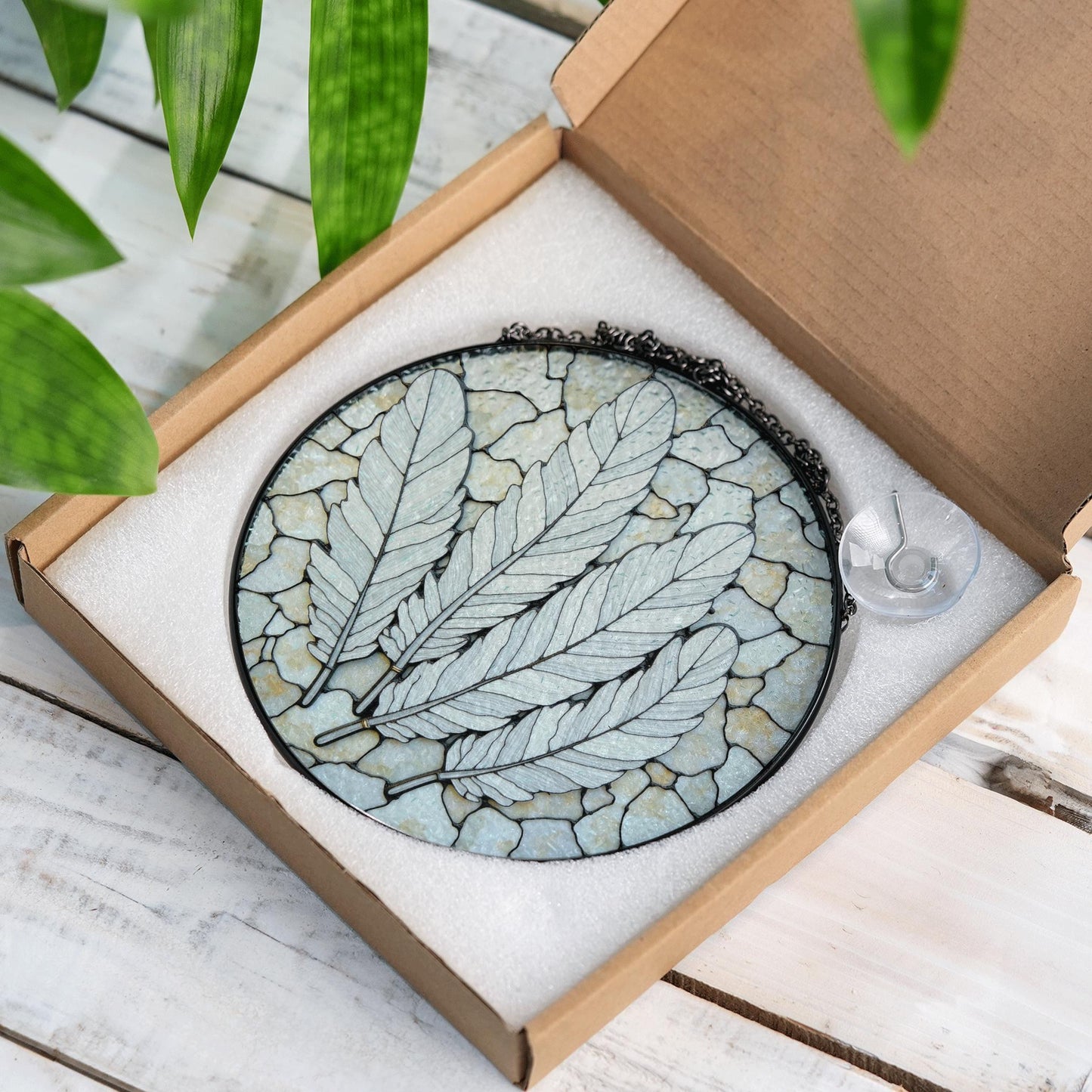 Green Leaf Feather Stained Glass Suncatcher Nature Window Decor Gift for Nature Lovers