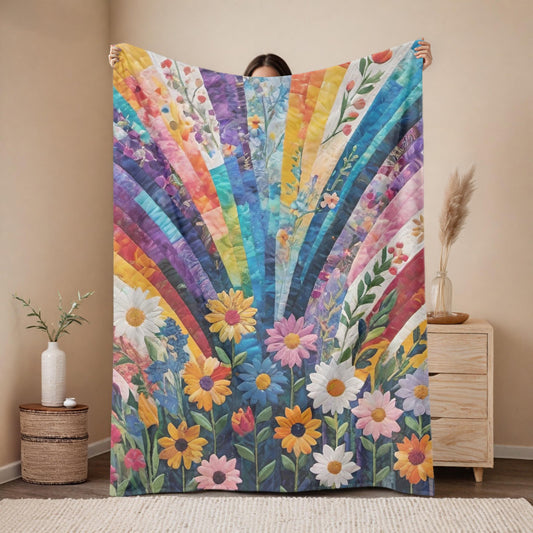 Colorful Printed Floral Blanket, Patchwork Look, Soft Polyester Throw, Cozy Home Decor, Gift for Her, Spring, Summer Decor, Birthday Present