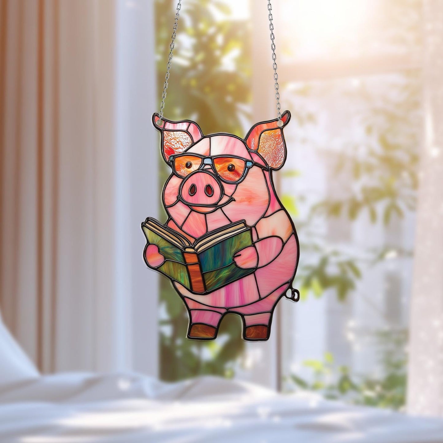 Cute Reading Pig Window Hanging, Farm Animal Decor for Book Lovers, Funny Piggy Gift for Her, Kitchen or Sunroom Farmhouse Decoration