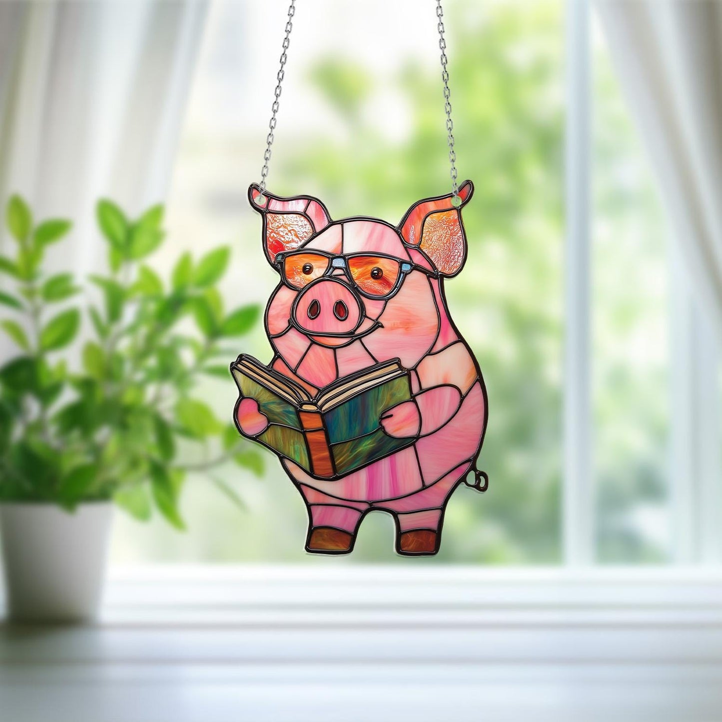 Cute Reading Pig Window Hanging, Farm Animal Decor for Book Lovers, Funny Piggy Gift for Her, Kitchen or Sunroom Farmhouse Decoration