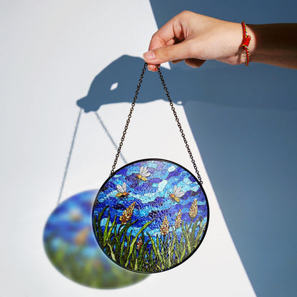 Bees and Wildflowers Blue Stained Glass Suncatcher Window Decor Gift for Nature Lover