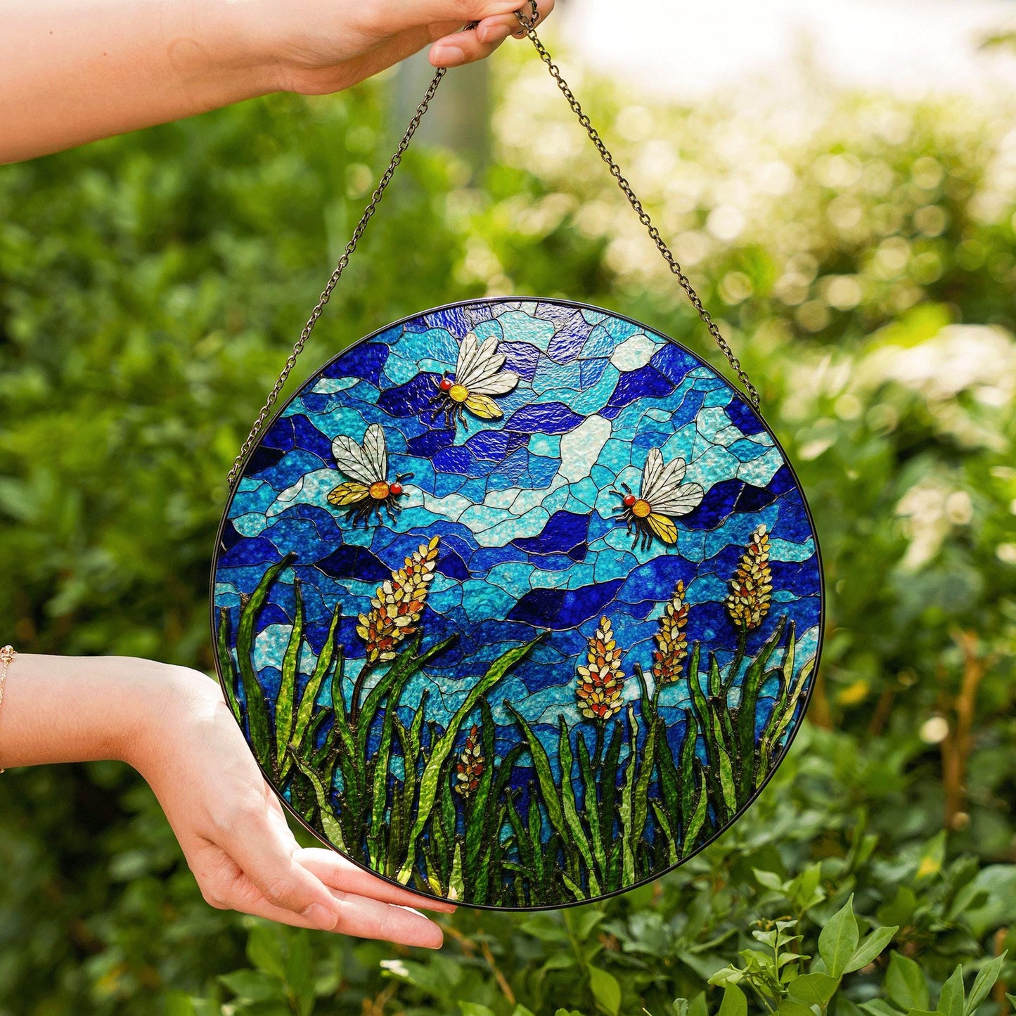 Bees and Wildflowers Blue Stained Glass Suncatcher Window Decor Gift for Nature Lover