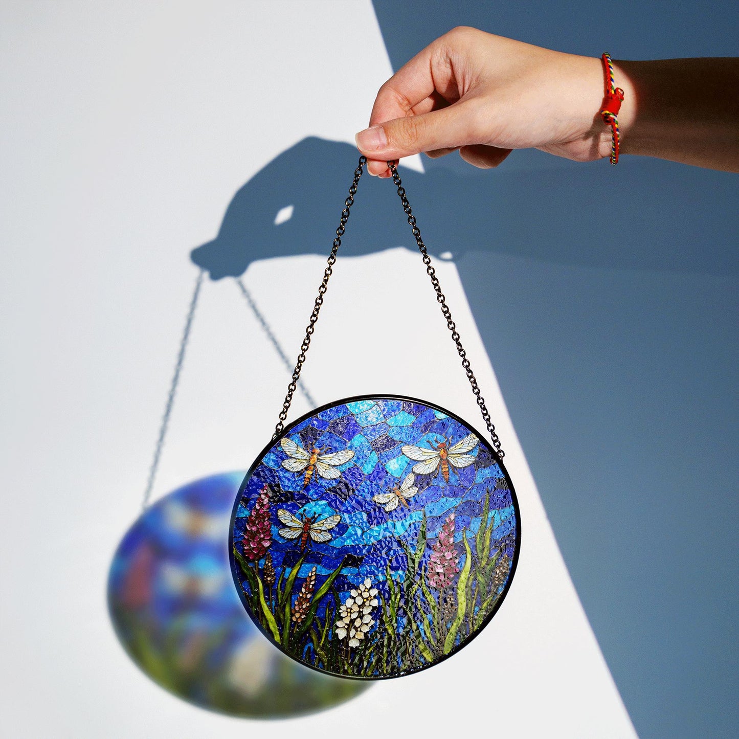 Blue dragonfly stained glass suncatcher with wildflowers summer window decor gift for nature lover