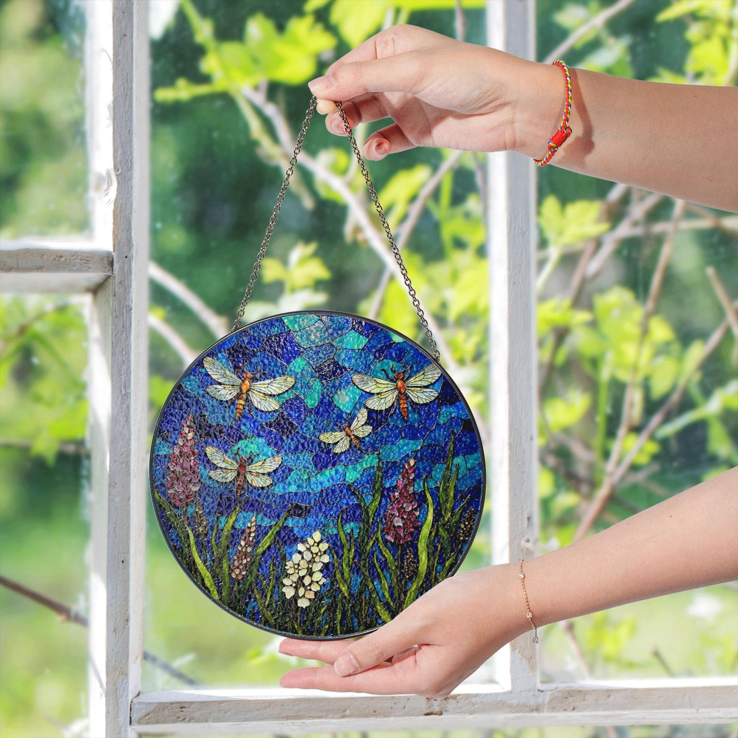 Blue dragonfly stained glass suncatcher with wildflowers summer window decor gift for nature lover