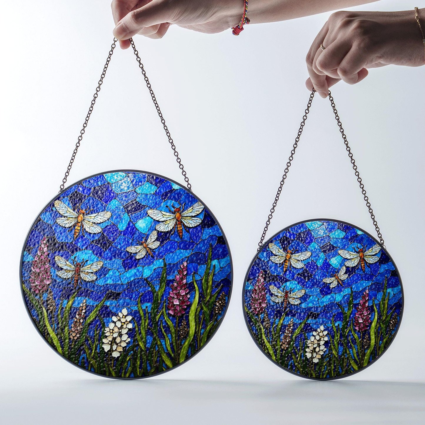Blue dragonfly stained glass suncatcher with wildflowers summer window decor gift for nature lover