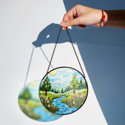 Scenic Forest River Landscape Stained Glass Suncatcher Window Hanging Gift for Nature Lovers