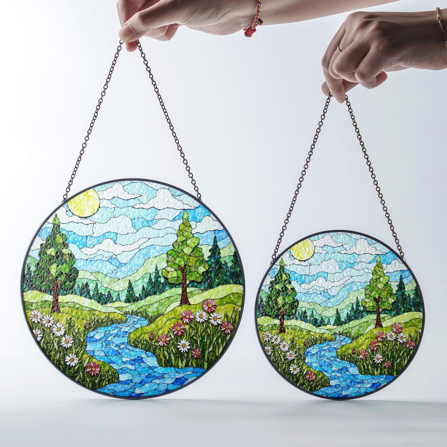 Scenic Forest River Landscape Stained Glass Suncatcher Window Hanging Gift for Nature Lovers