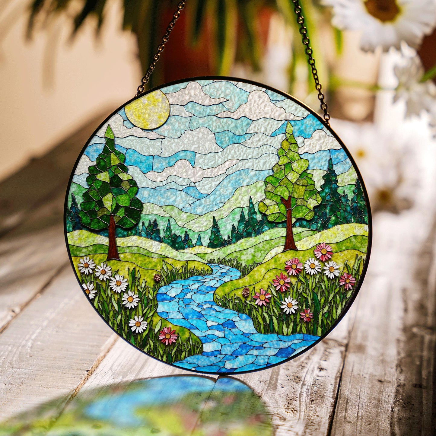 Scenic Forest River Landscape Stained Glass Suncatcher Window Hanging Gift for Nature Lovers