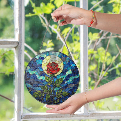 Red Rose with Moonlight Stained Glass Suncatcher Window Decor Gift for Mom