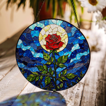 Red Rose with Moonlight Stained Glass Suncatcher Window Decor Gift for Mom