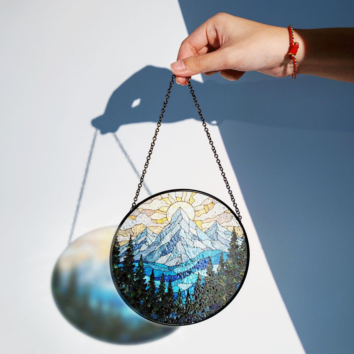 Mountain Sun and Forest Suncatcher Stained Glass Art Gift for Nature Lover